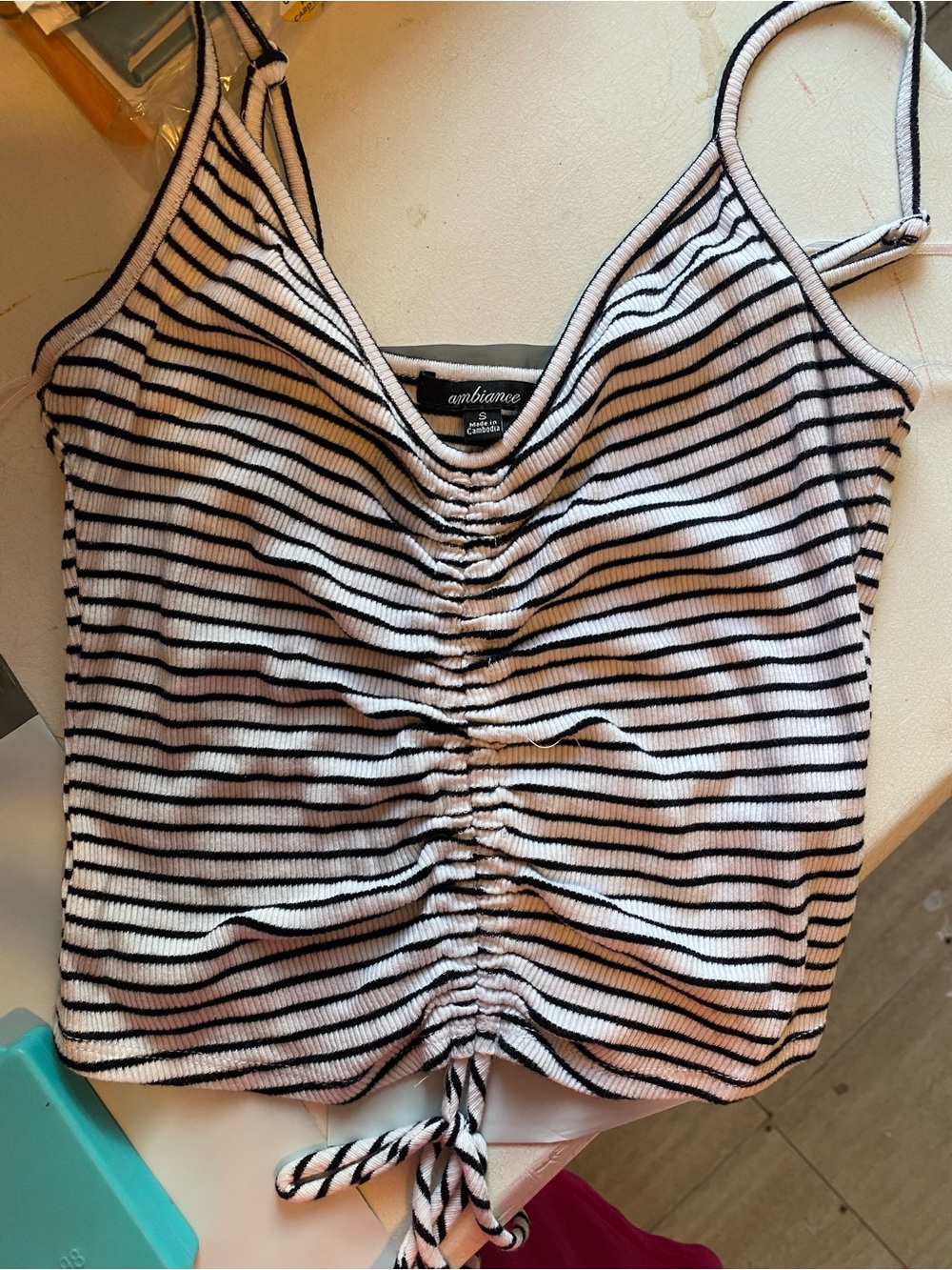 Ambiance Black and White Striped Ruched Cami with Tie